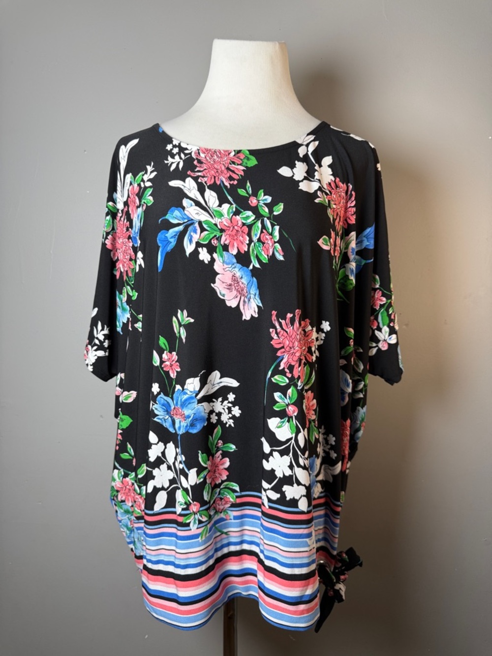 Black Floral Striped Hem Womens Top